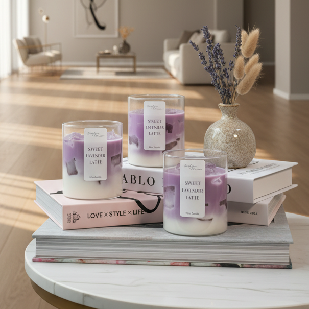 Three lavender and cream candles in clear glass jars, styled on top of books with a white towel in the foreground against a beige fabric backdrop.