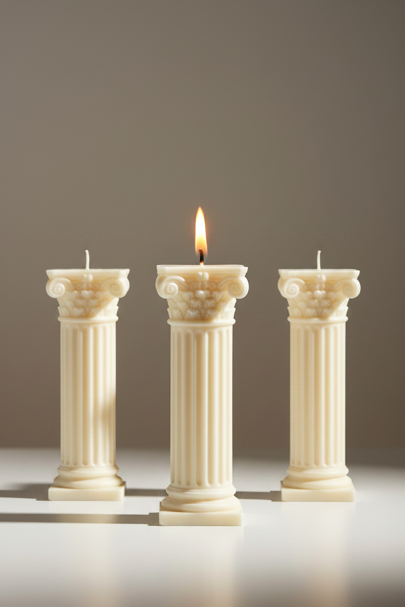 Three white pillar candle holders with ornate acanthus leaf capitals and fluted shafts, each lit with a small flame, shown against a plain light gray background.