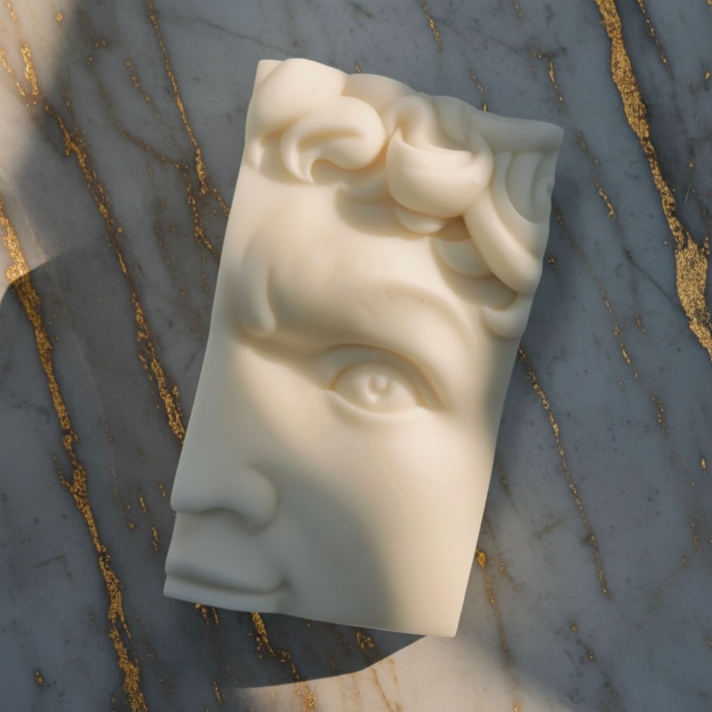 An off-white sculptural candle shaped like a classical Greek or Roman face, displayed diagonally on gray and white marbled.