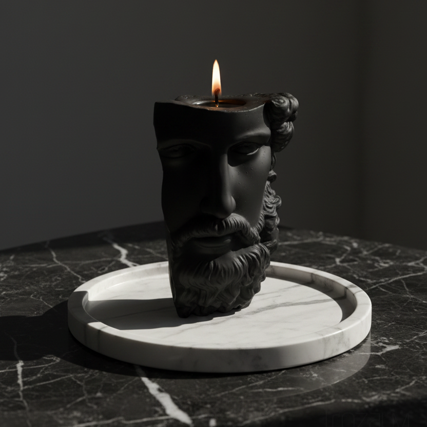 A black sculptural candle holder shaped like a classical male face, lit with a small flame, set on a round white tray over a dark marble surface against a dark gray background.