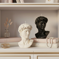 David bust candles on feminine bookshelf - no roses