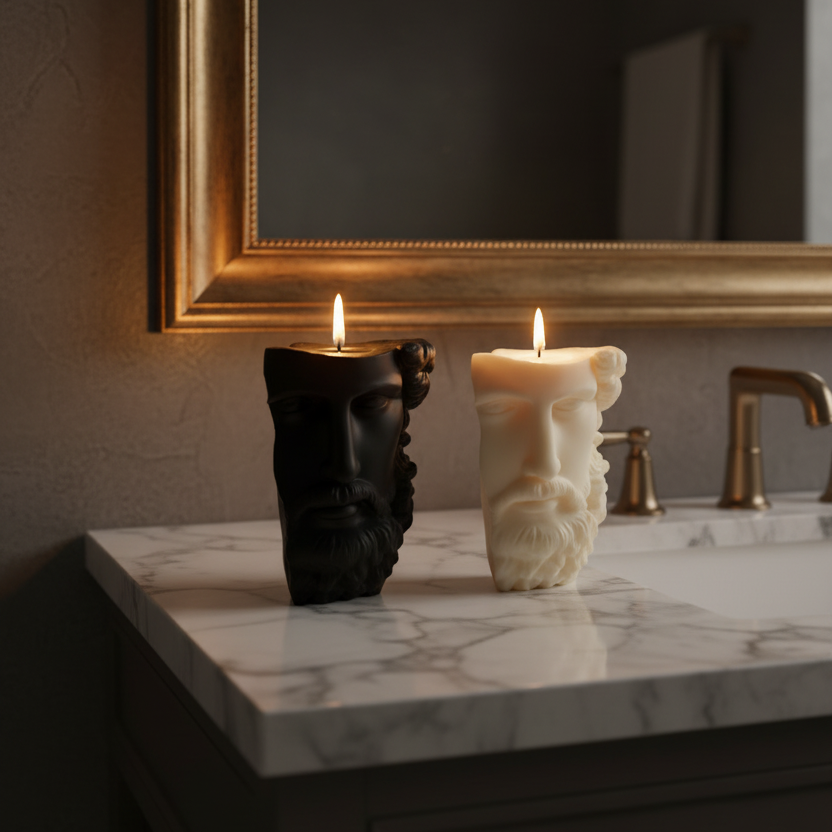 Two sculptural face-shaped candles, one black and one cream, lit on a white marble bathroom vanity countertop in front of a gold-framed mirror.